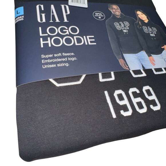 GAP Hoodie Mens Large True Black Logo 1969 Embroidered Pullover Fleece - Picture 3 of 13